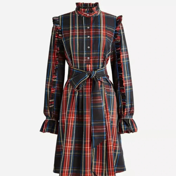 J. Crew Belted ruffle dress in Black Stewart tartan Size Small - Picture 5 of 10